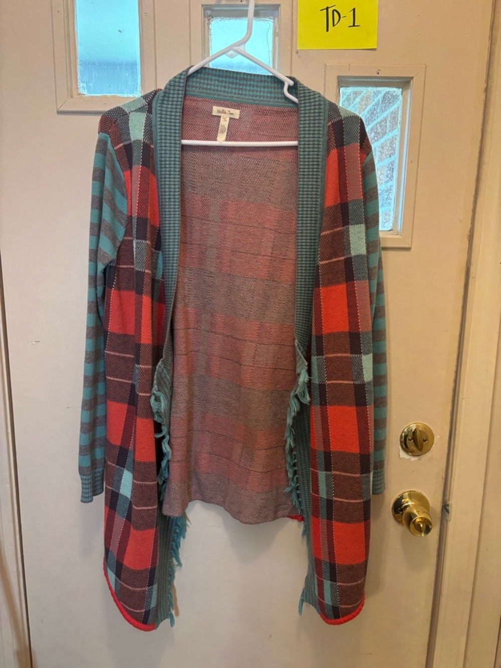 Matilda Jane Teal and Coral Plaid Fringe Cardigan